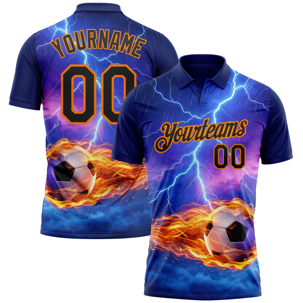 Custom Blue Black-Bay Orange Flame Lightning Soccer Ball 3D Pattern Performance Polo Shirt
