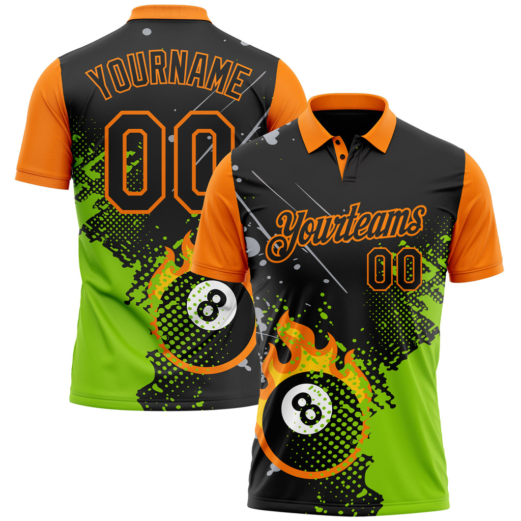 Custom Black Neon Green-Bay Orange Flame Billiards Snooker 8 Ball Pool Splatter Performance Polo Shirt
