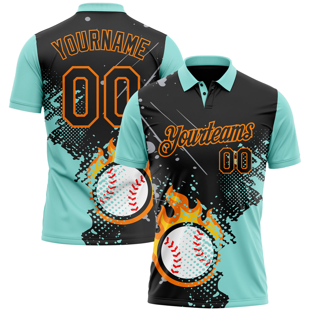 Custom Black Ice Blue-Bay Orange Flame Baseball Ball Splatter 3D Pattern Performance Polo Shirt