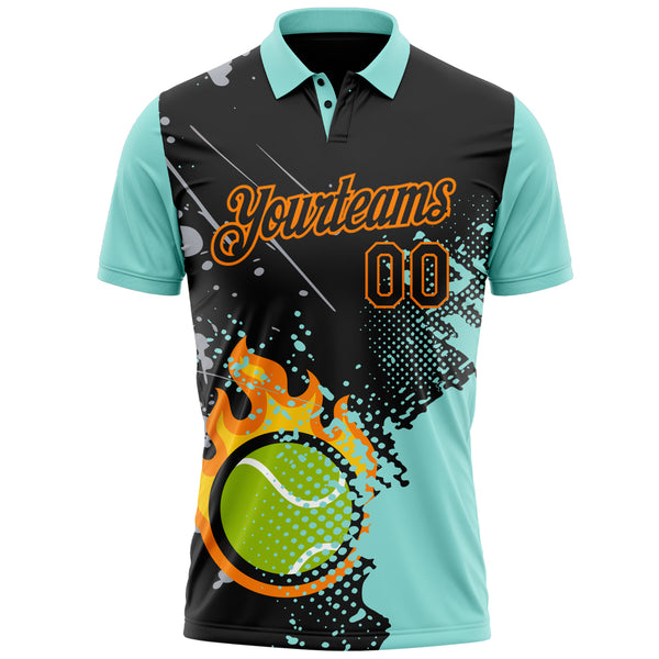 Custom Black Ice Blue-Bay Orange Flame Tennis Ball Splatter 3D Pattern Performance Polo Shirt