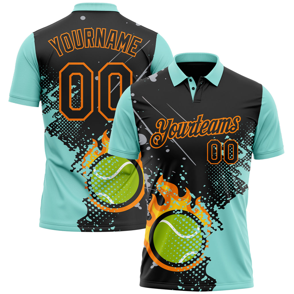 Custom Black Ice Blue-Bay Orange Flame Tennis Ball Splatter 3D Pattern Performance Polo Shirt