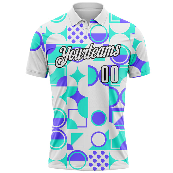 Custom White Green Blue-Black Geometric Circle & Square Performance Polo Shirt