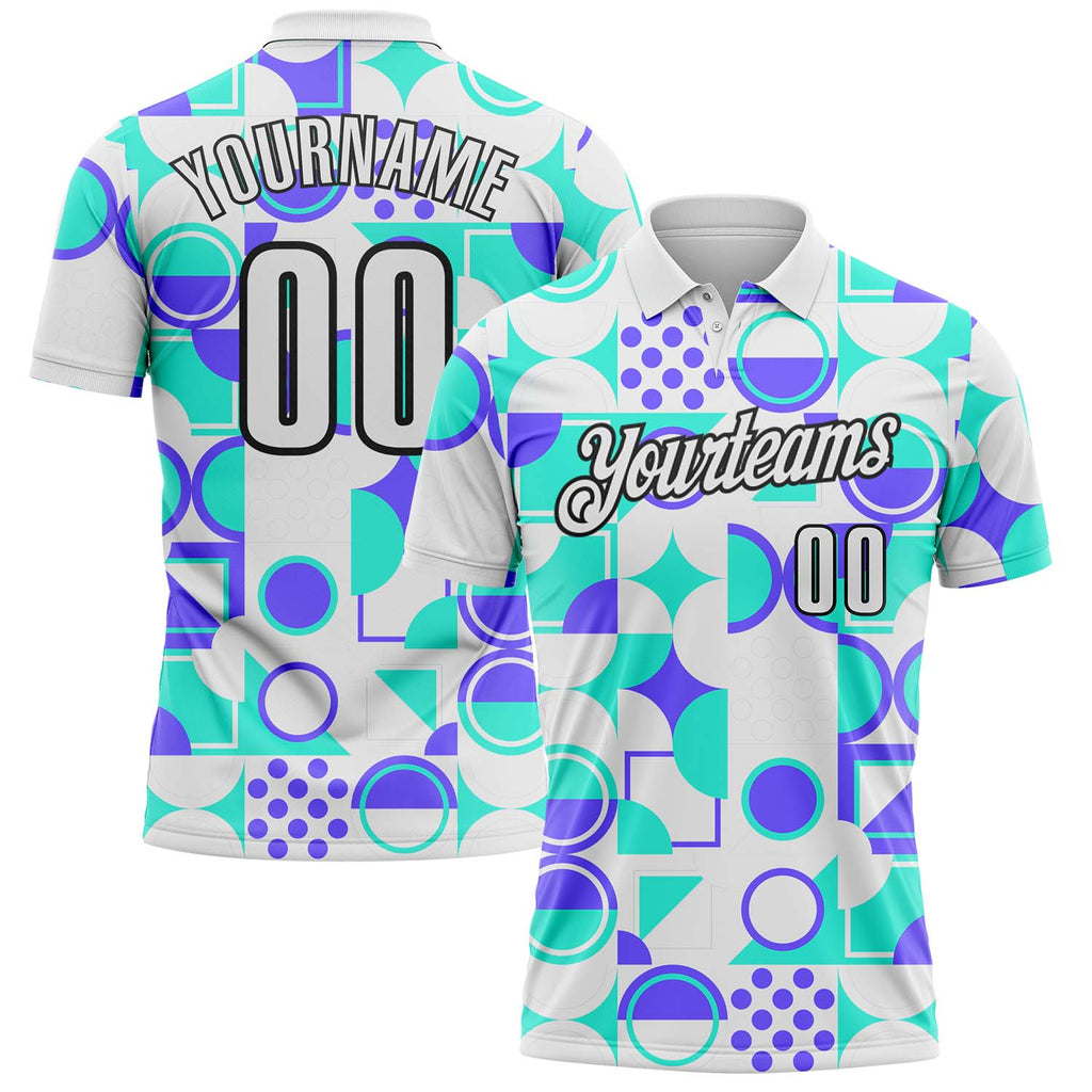 Custom White Green Blue-Black Geometric Circle & Square Performance Polo Shirt