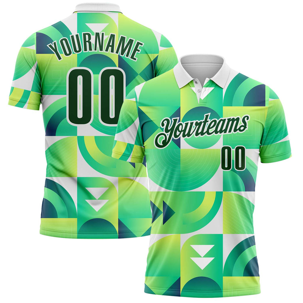 Custom Green-White Geometric Circle & Square Performance Polo Shirt