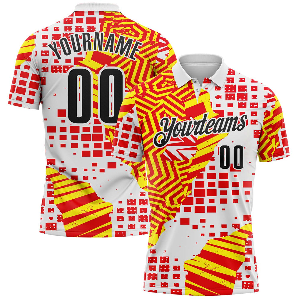 Custom White Black Red-Yellow Geometric Grid & Stripe Performance Polo Shirt