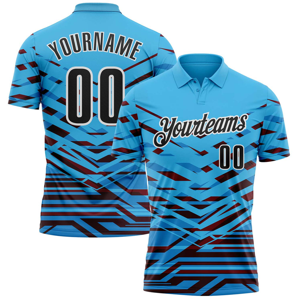 Custom Sky Blue Black-White Abstract Geometric Performance Polo Shirt