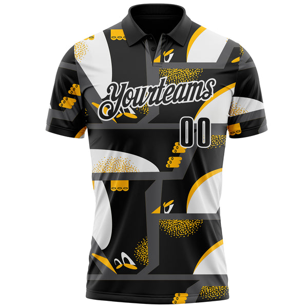 Custom Black Yellow-White Abstract Geometric Performance Polo Shirt