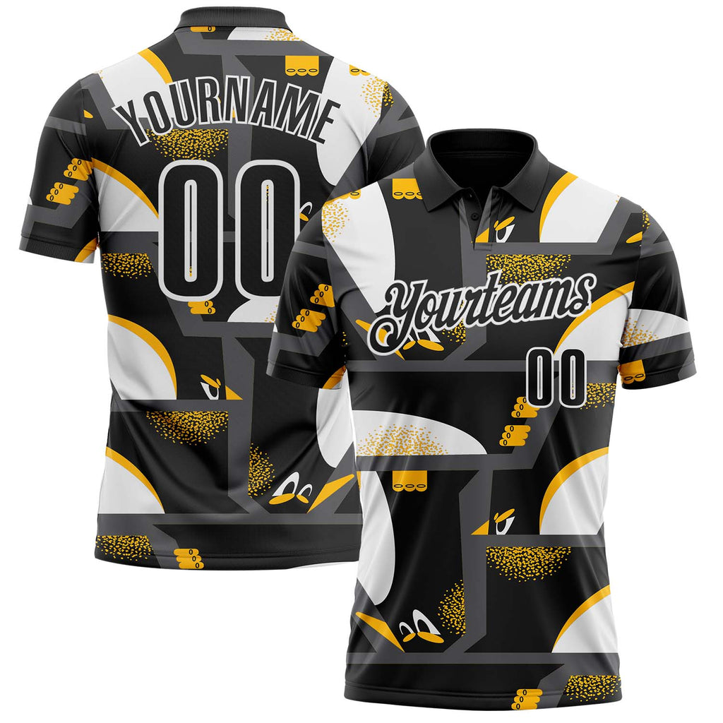 Custom Black Yellow-White Abstract Geometric Performance Polo Shirt