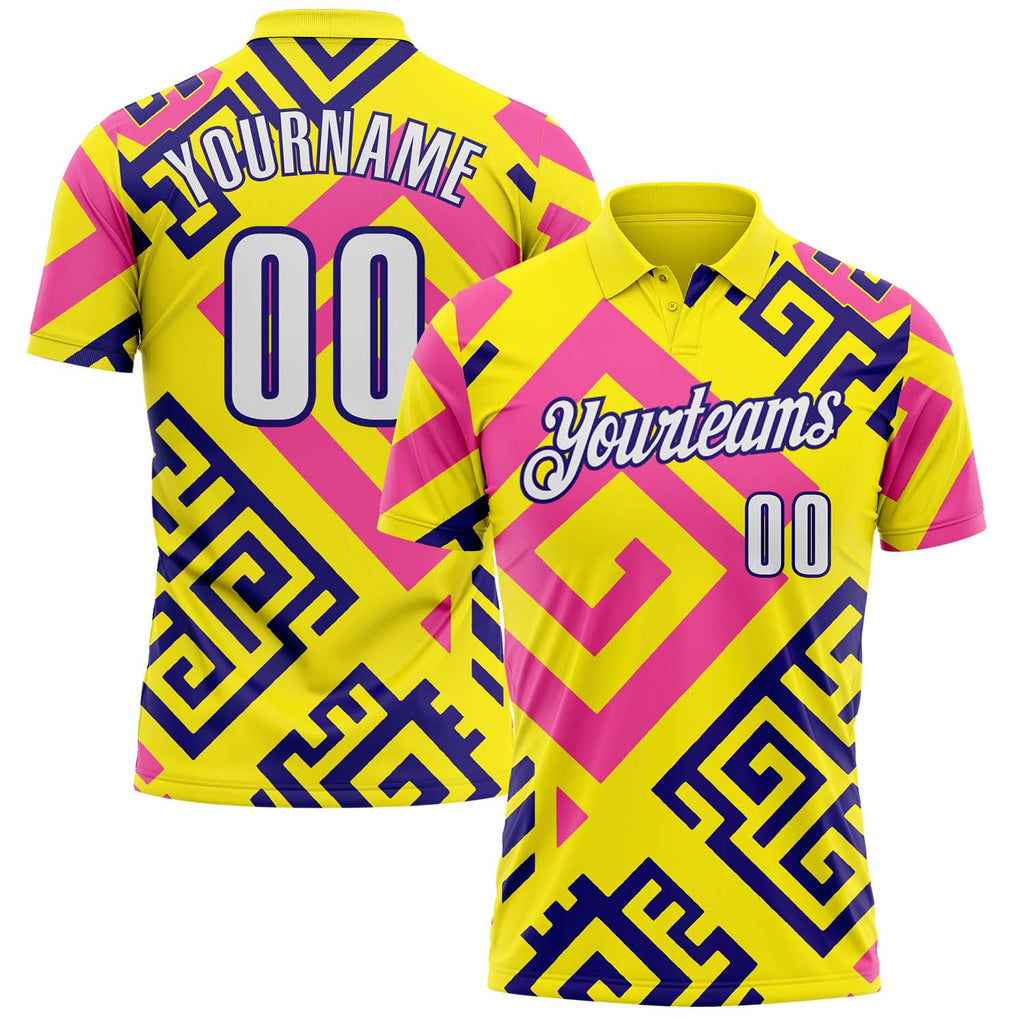 Custom Light Yellow White Pink-Dark Purple Tribal Geometric Performance Polo Shirt