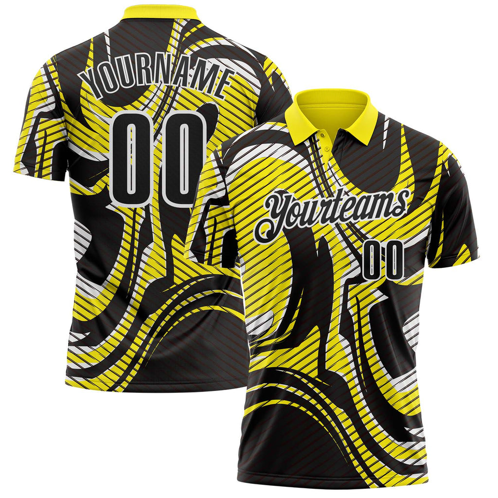 Custom Black Light Yellow-White Abstract Line Graffiti Performance Polo Shirt
