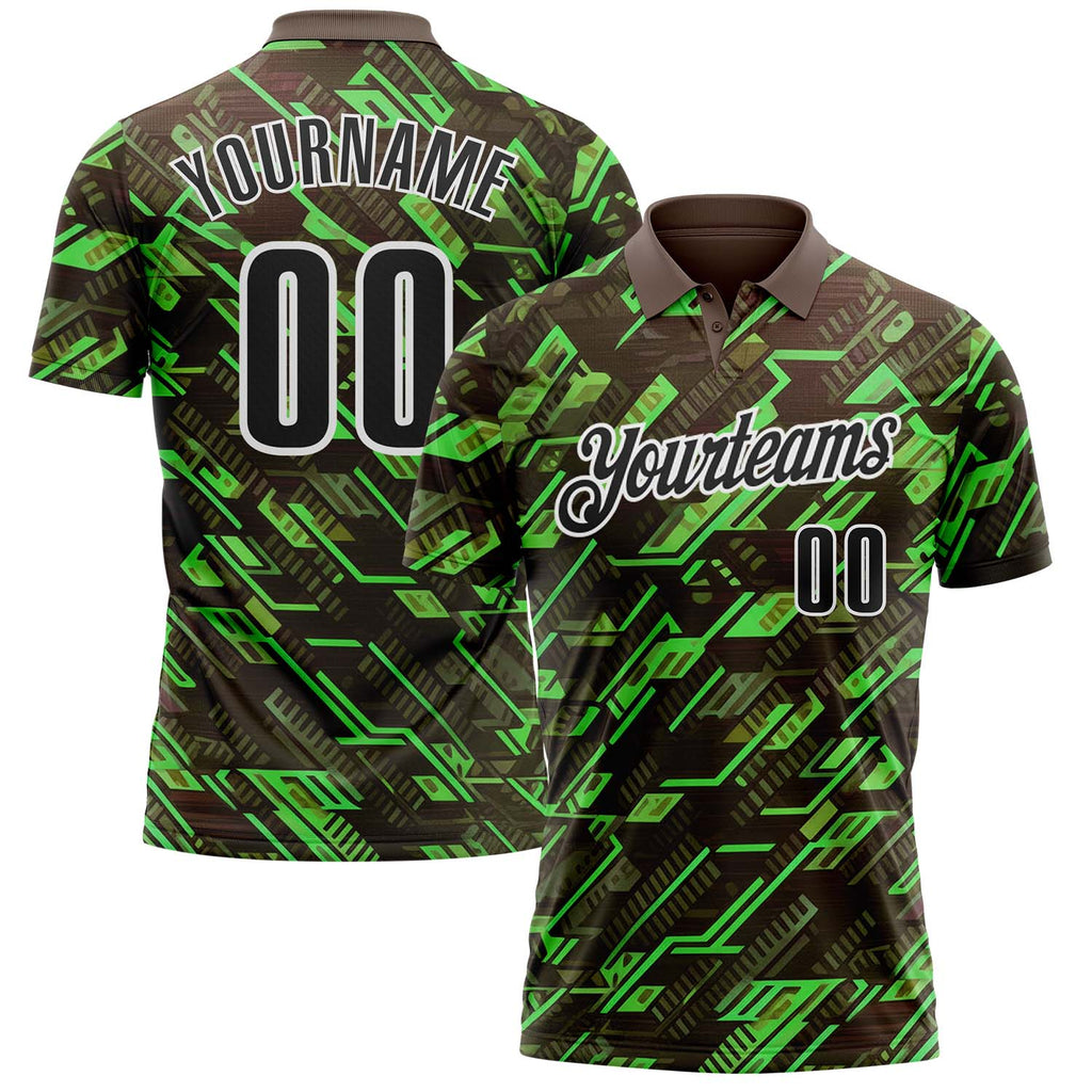 Custom Brown Black Green-White Tech Geometric Performance Polo Shirt