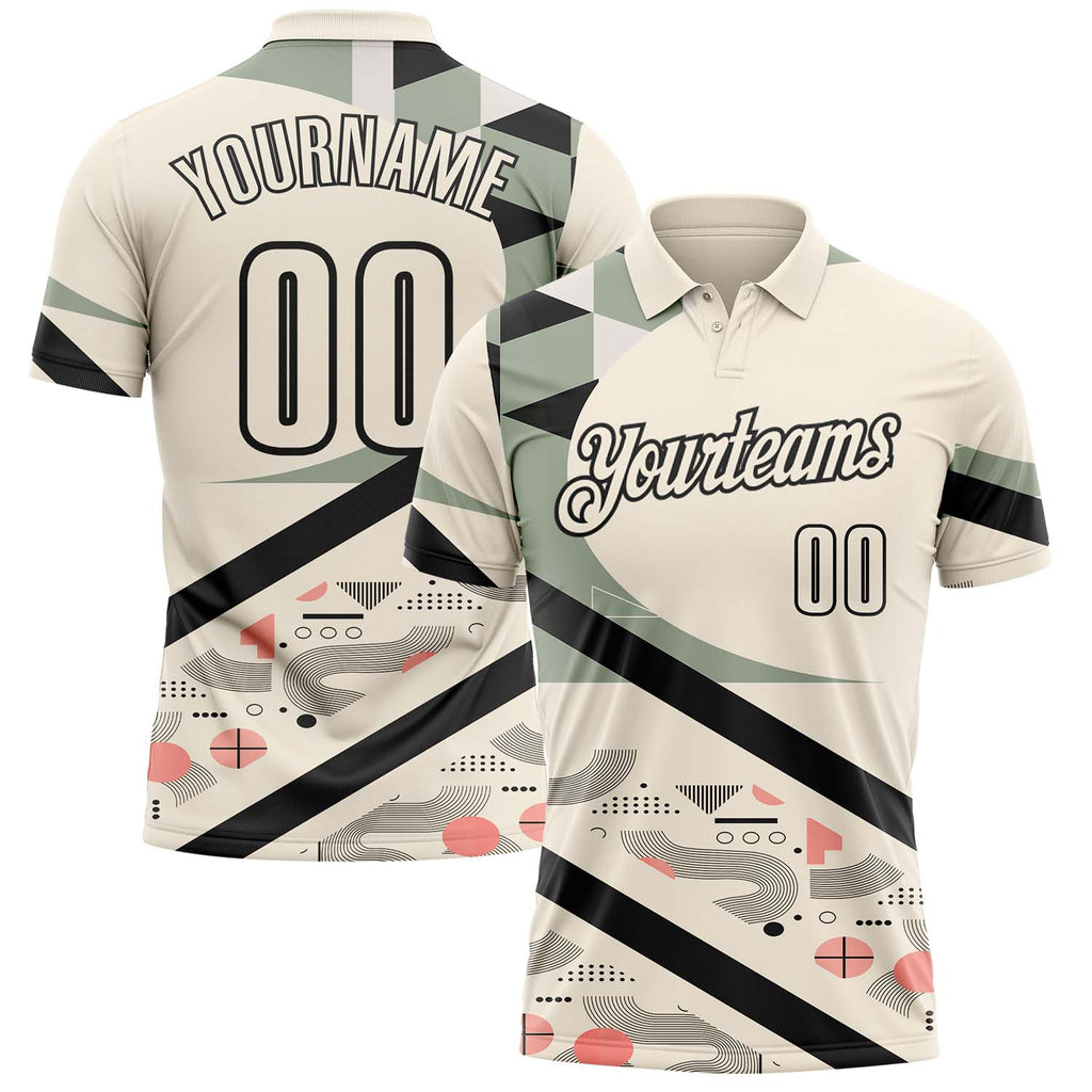 Custom Cream Olive Pink-Black Abstract Geometric Performance Polo Shirt