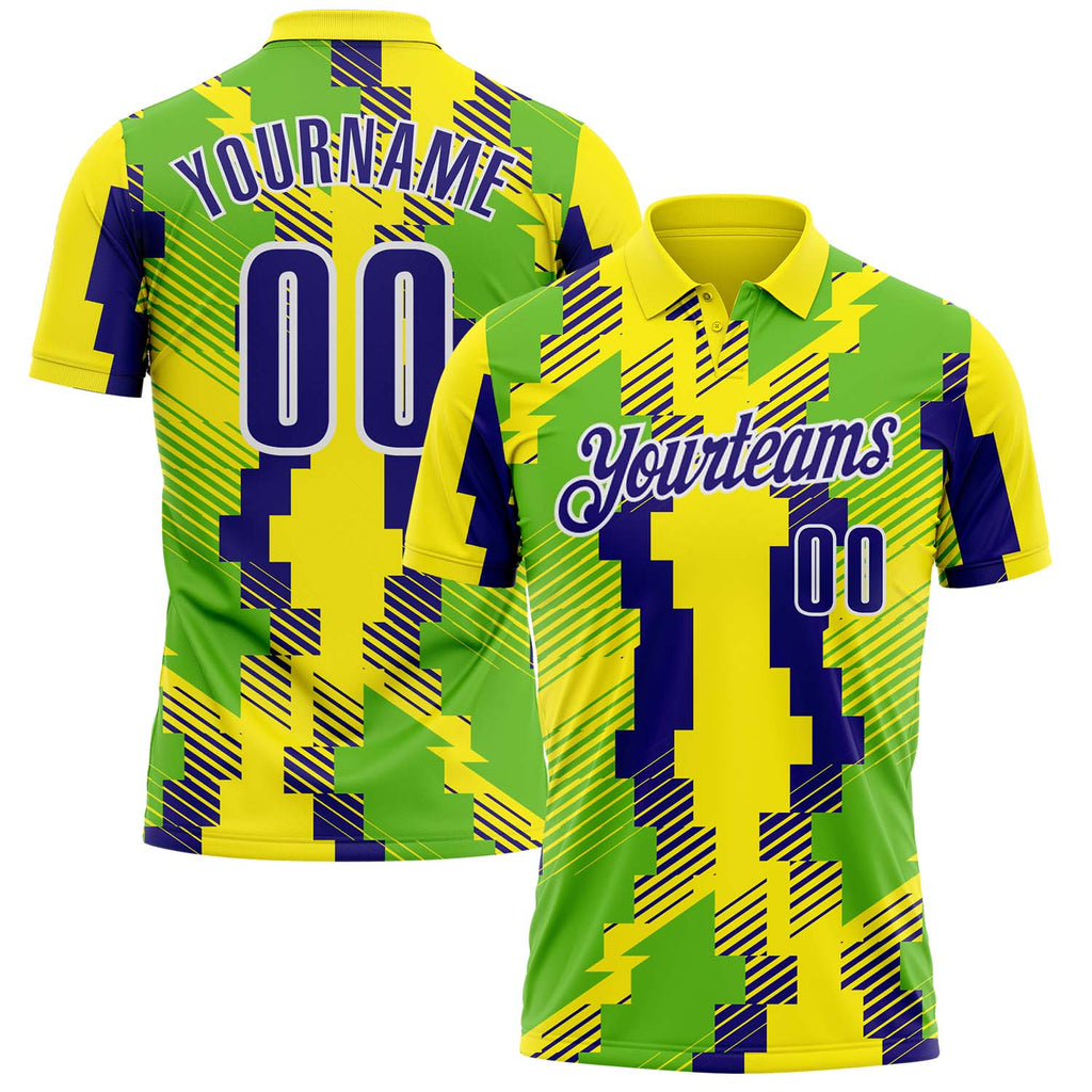 Custom Light Yellow Dark Purple Neon Green-White Abstract Geometric Performance Polo Shirt