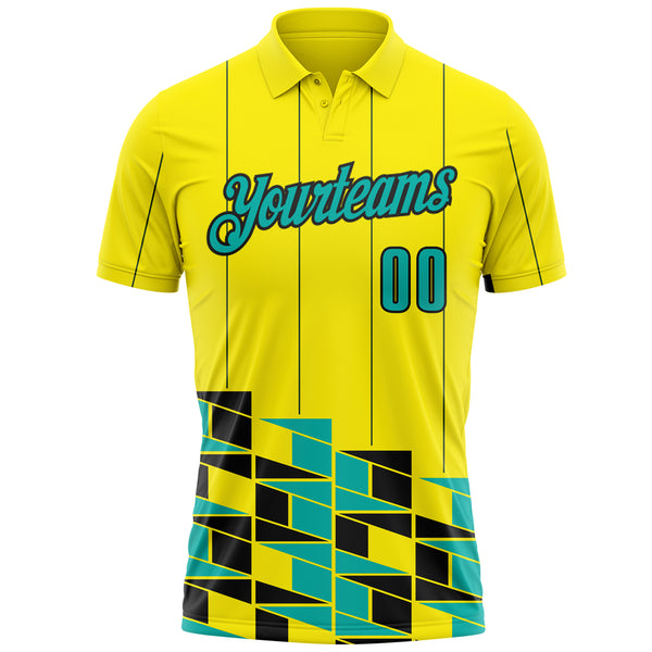 Custom Light Yellow Aqua-Black Geometric Grid & Stripe Performance Polo Shirt