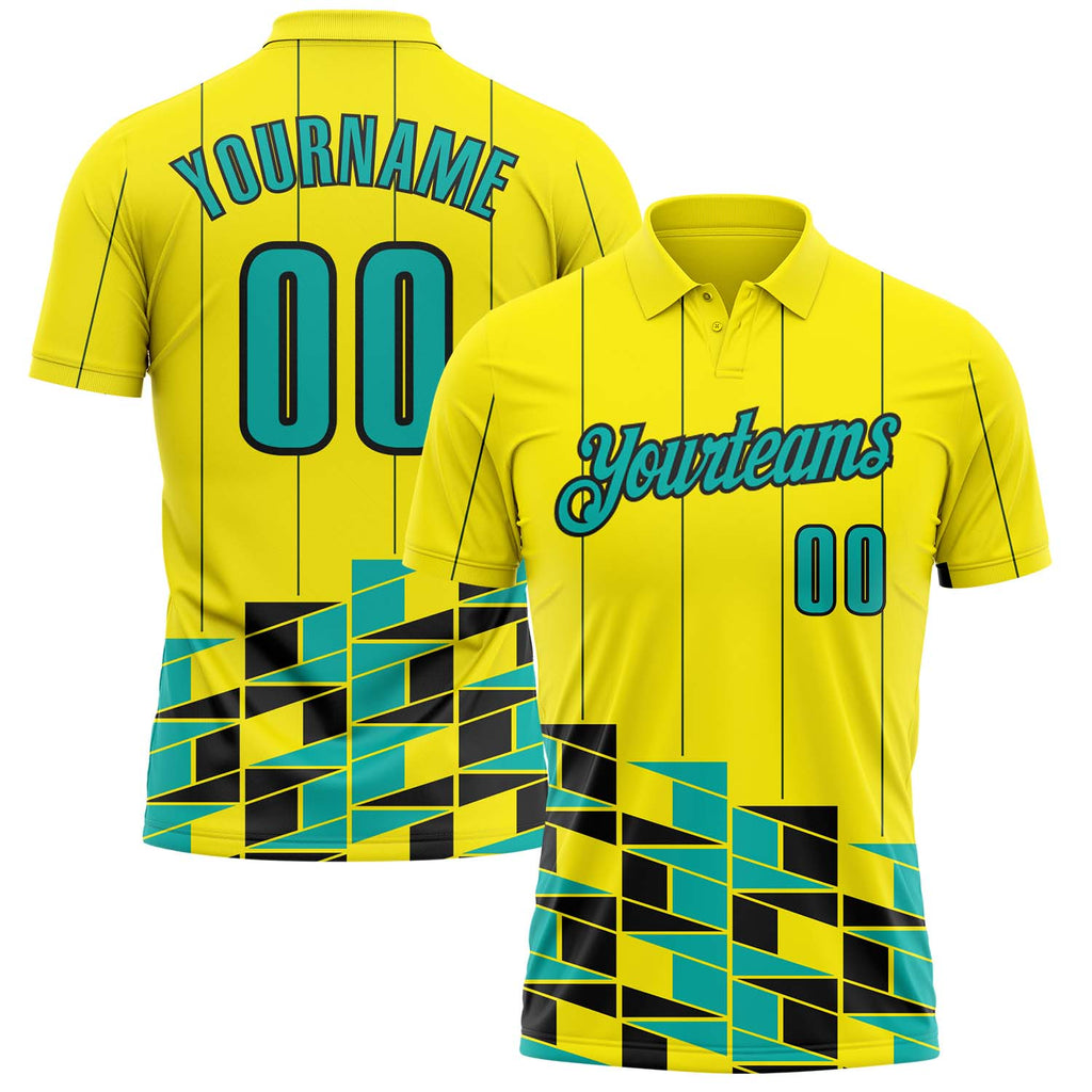 Custom Light Yellow Aqua-Black Geometric Grid & Stripe Performance Polo Shirt