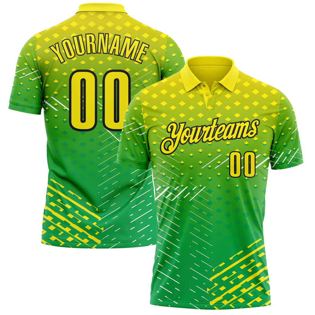 Custom Light Yellow Aurora Green-Black Gradient Geometric Grid & Stripe Performance Polo Shirt