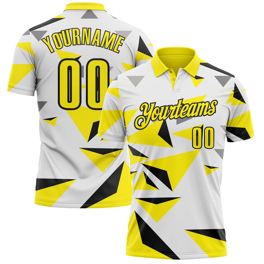 Custom White Light Yellow-Black Geometric Triangle Performance Polo Shirt