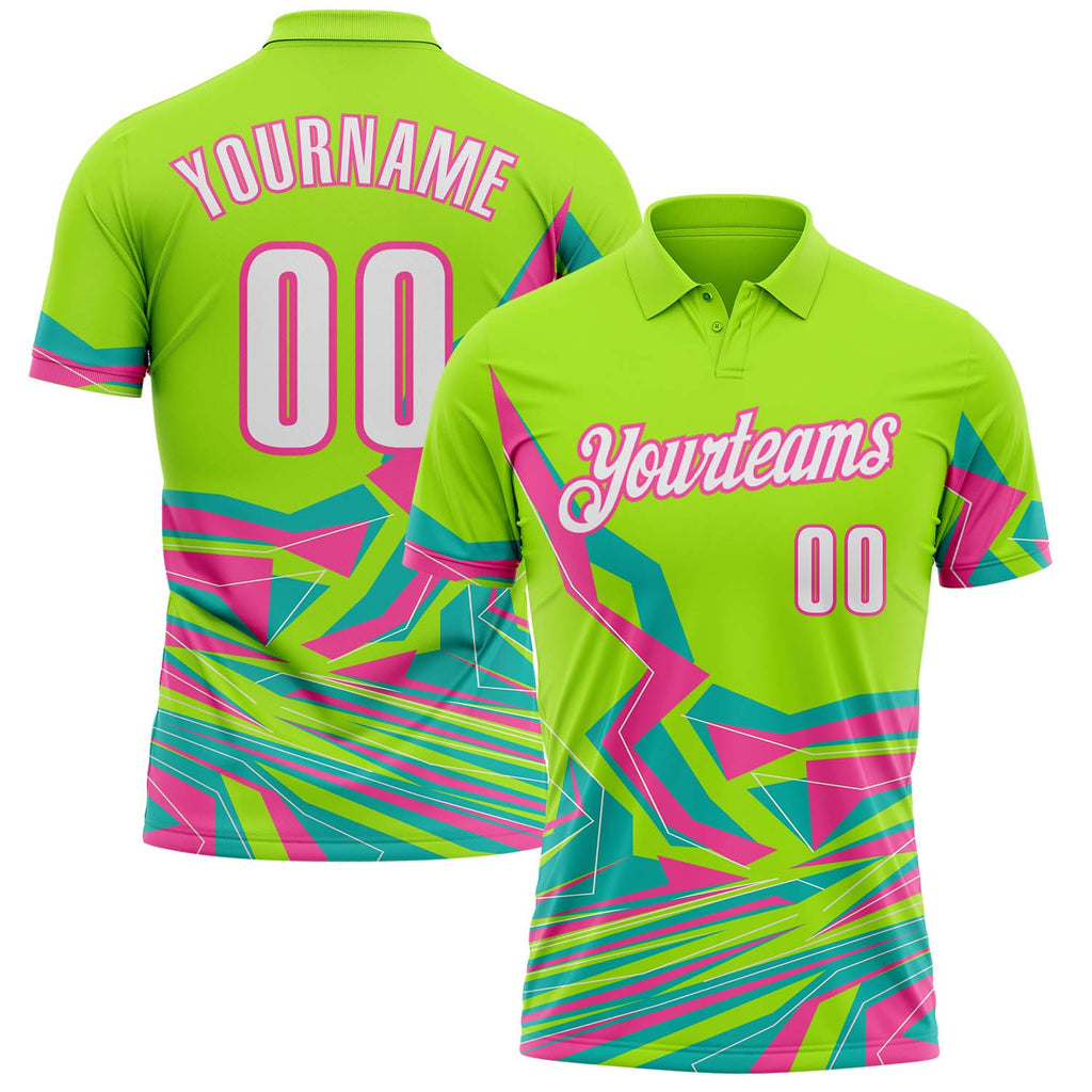 Custom Neon Green White-Pink Neon Geometric Performance Polo Shirt