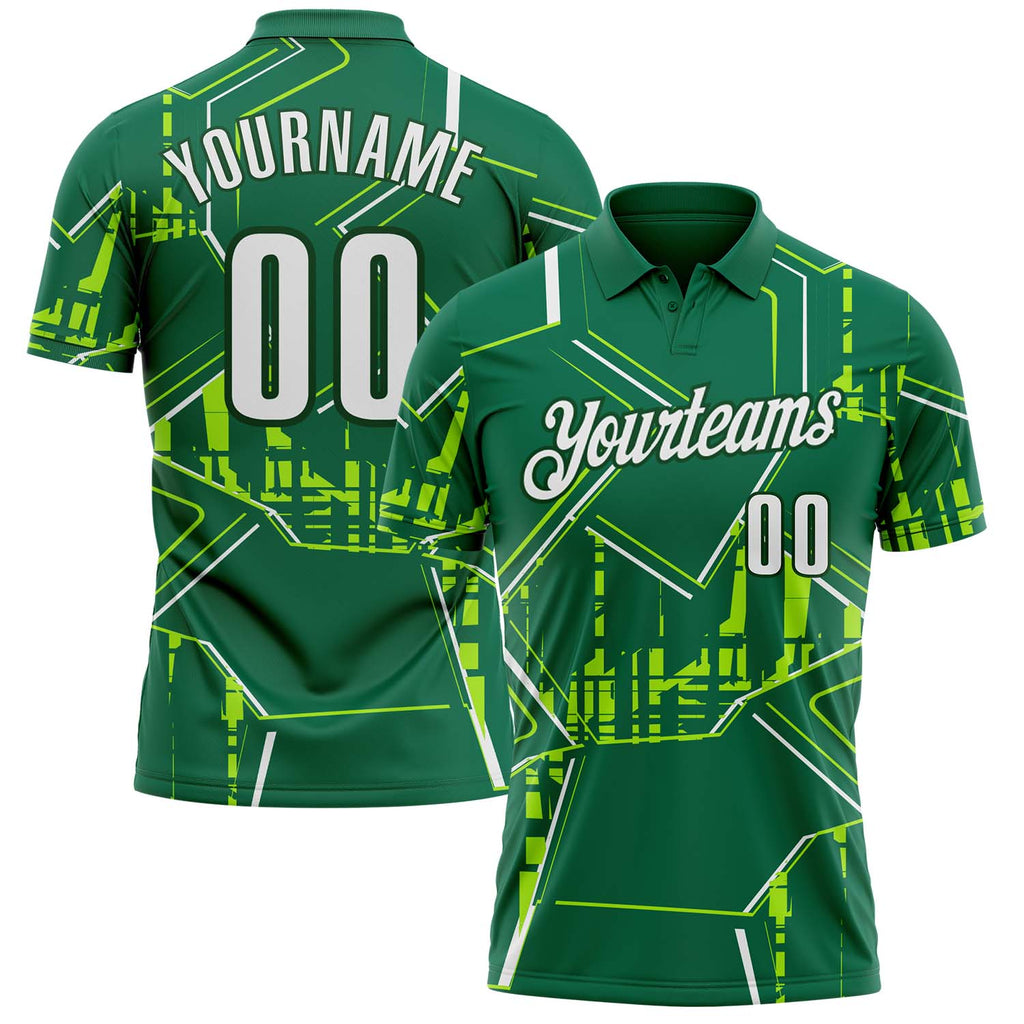 Custom Kelly Green White-Green Geometric Line Performance Polo Shirt