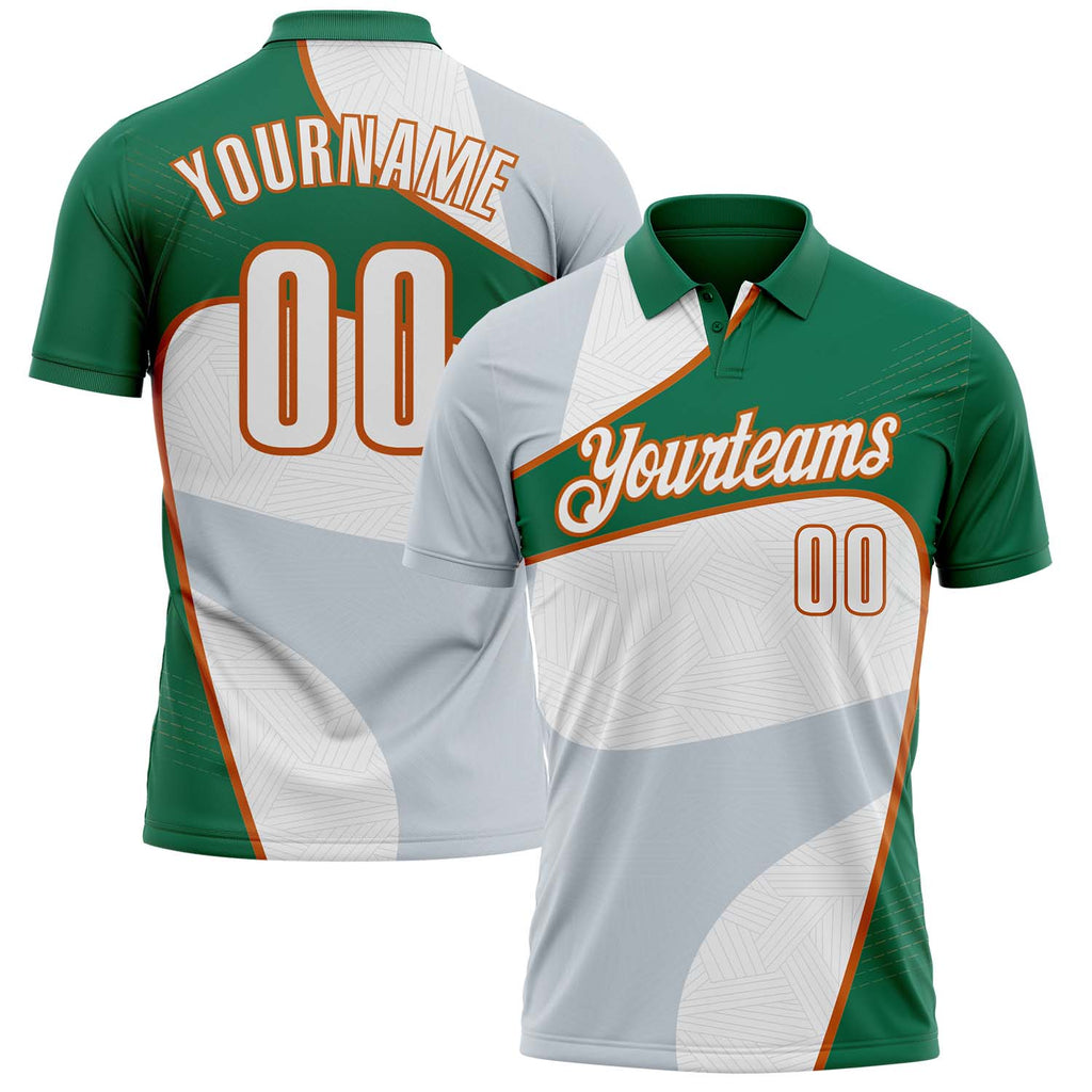 Custom White Kelly Green-Texas Orange Geometric Curved Line Performance Polo Shirt