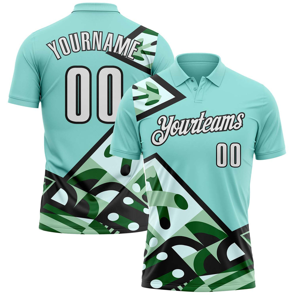 Custom Ice Blue White Green-Black Abstract Geometric Performance Polo Shirt