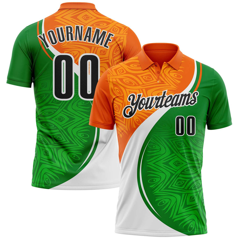 Custom Orange Black Green-White Abstract Geometric Performance Polo Shirt