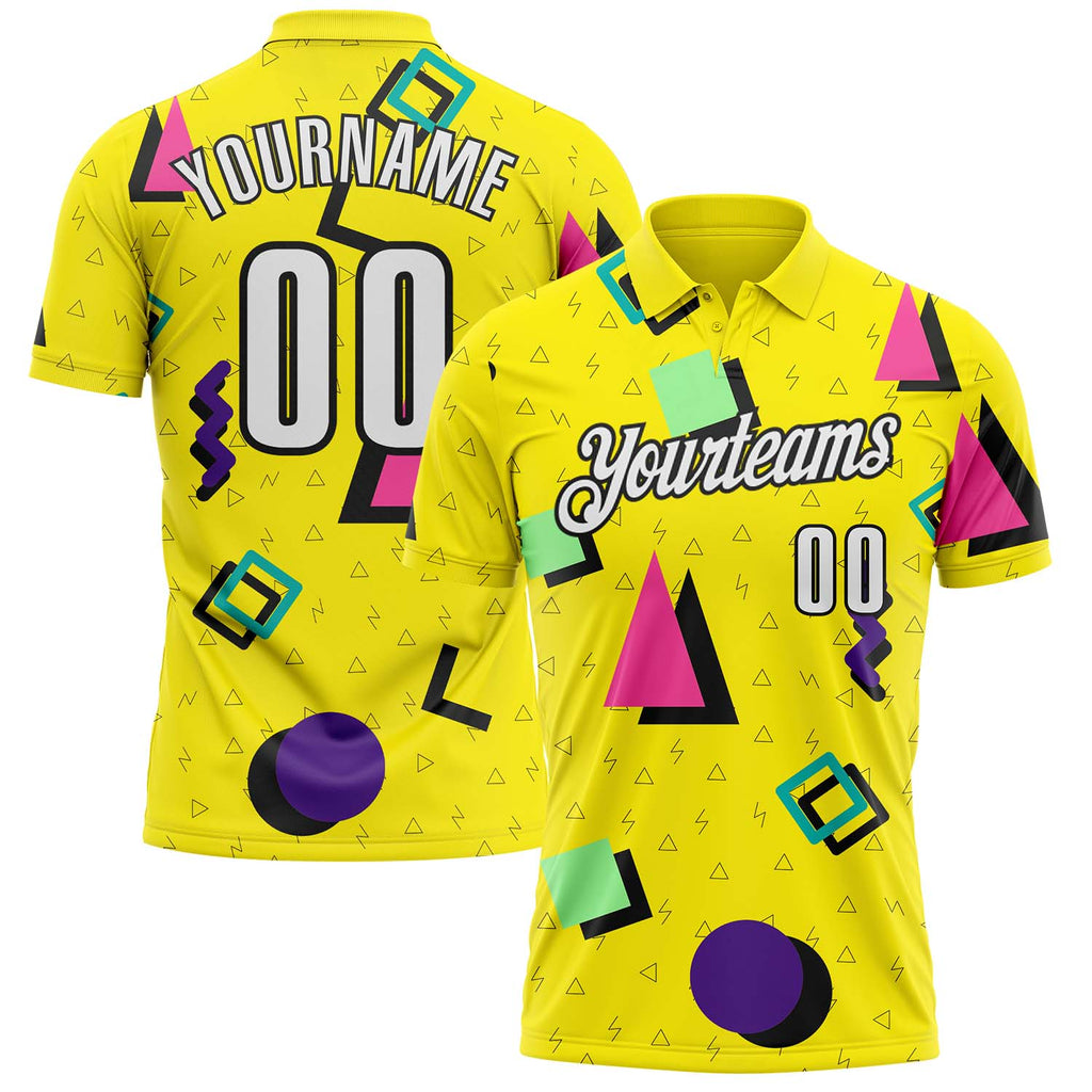 Custom Light Yellow White-Black Abstract Geometric Performance Polo Shirt