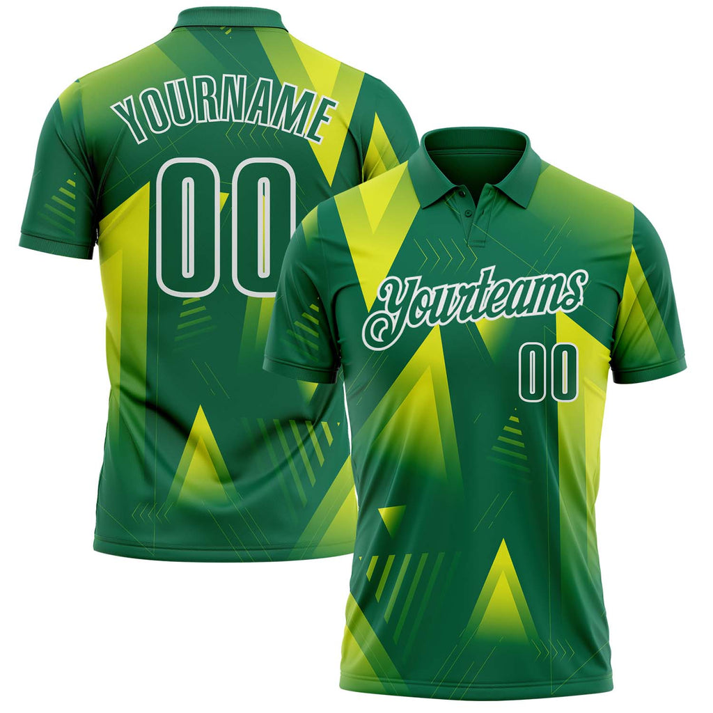 Custom Kelly Green Neon Yellow-White Gradient Geometric Performance Polo Shirt