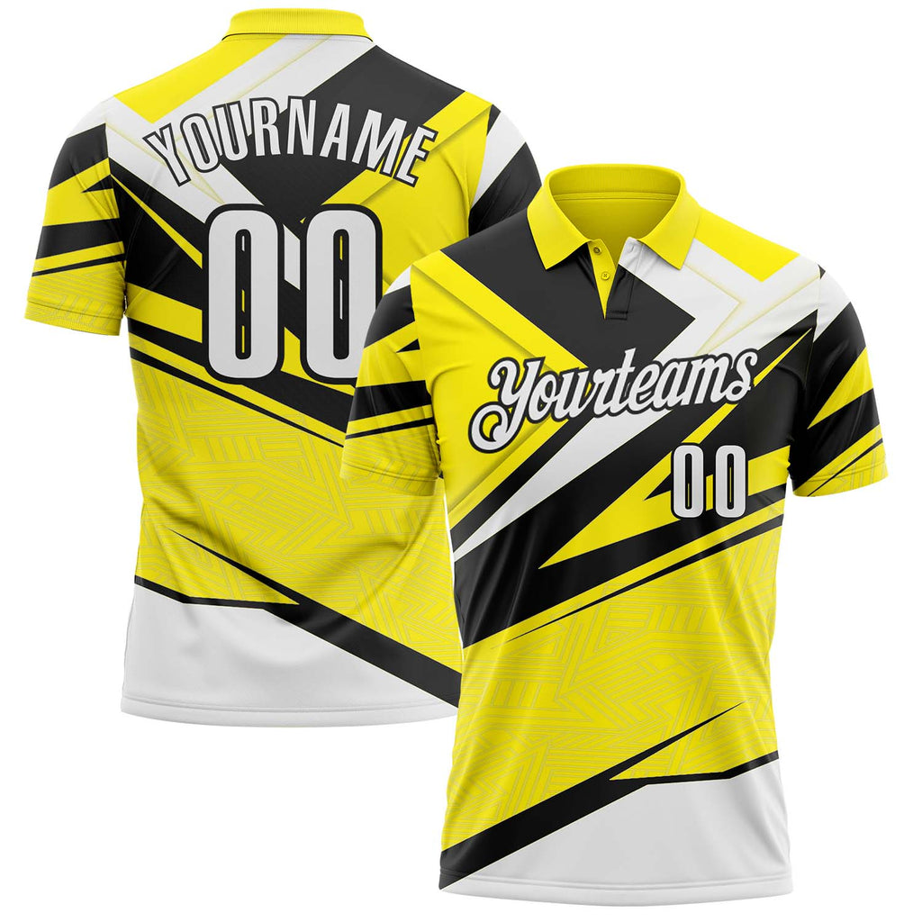 Custom Light Yellow White-Black Geometric Lines Performance Polo Shirt