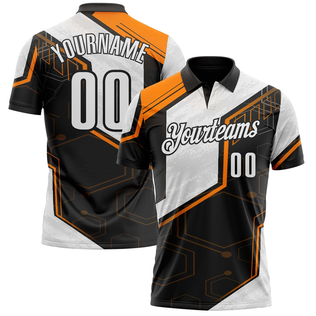 Custom Black White-Bay Orange Tech Geometric Performance Polo Shirt