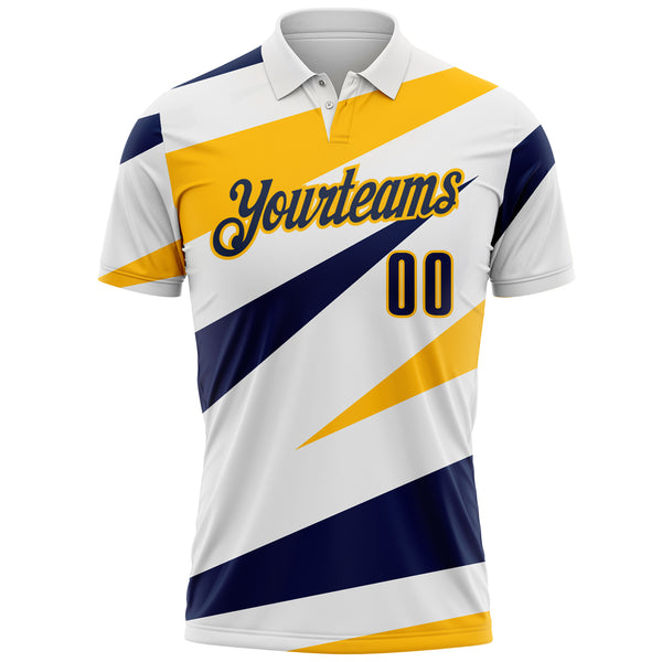 Custom White Navy-Gold Geometric Lines Performance Polo Shirt
