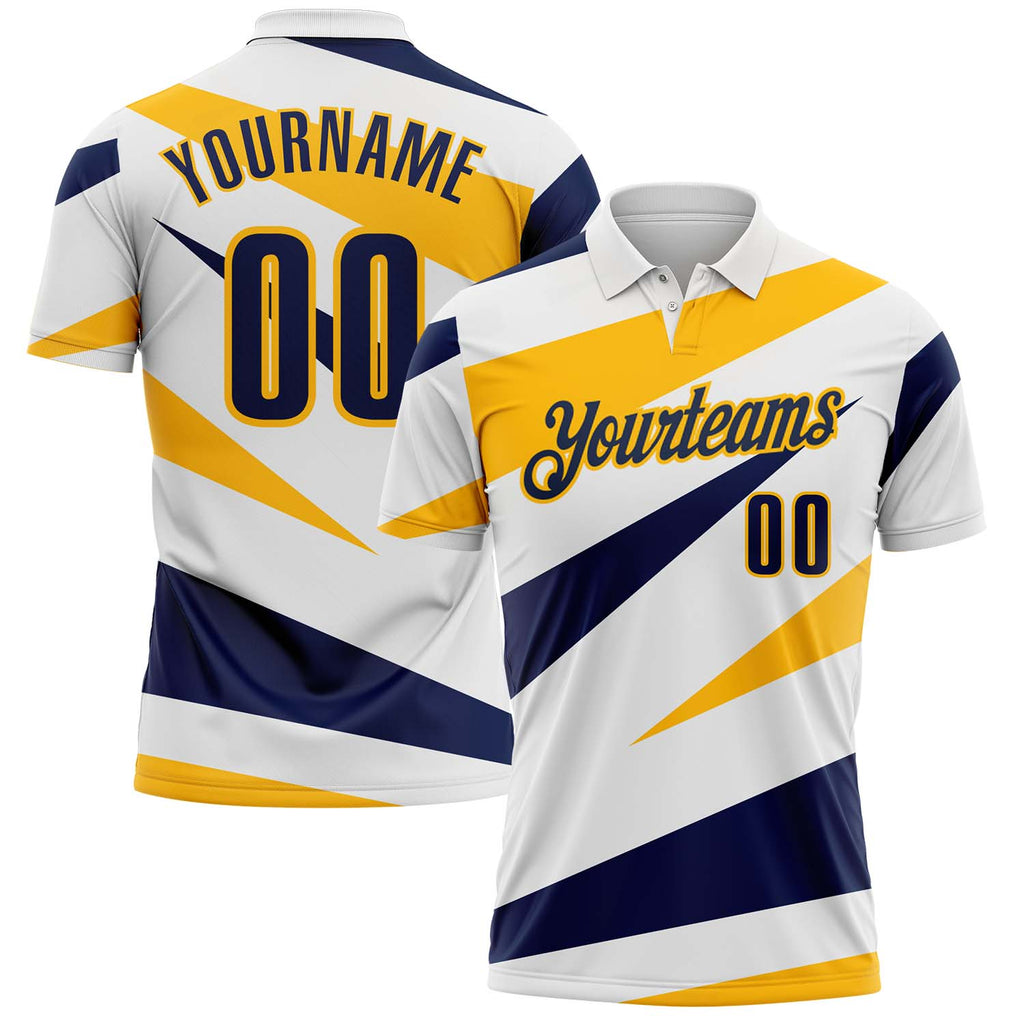 Custom White Navy-Gold Geometric Lines Performance Polo Shirt