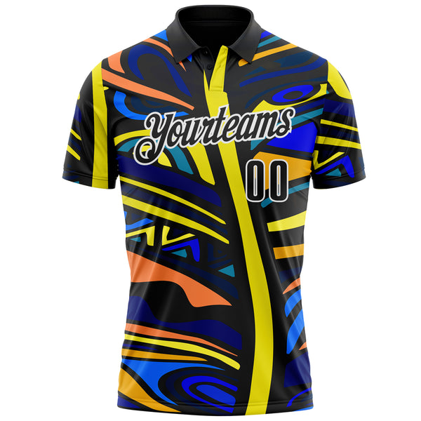 Custom Black Yellow Blue Orange-White Abstract Geometric Graffiti Performance Polo Shirt