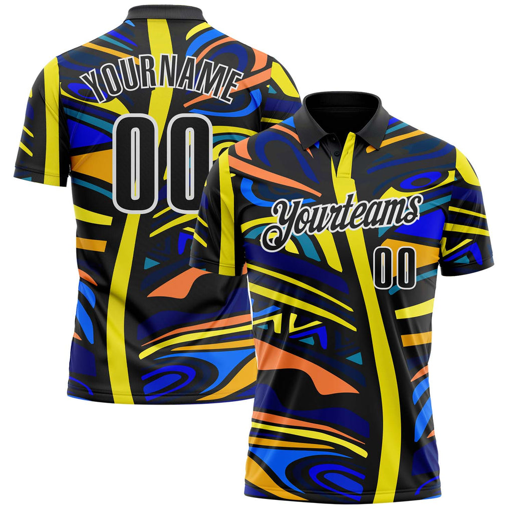 Custom Black Yellow Blue Orange-White Abstract Geometric Graffiti Performance Polo Shirt