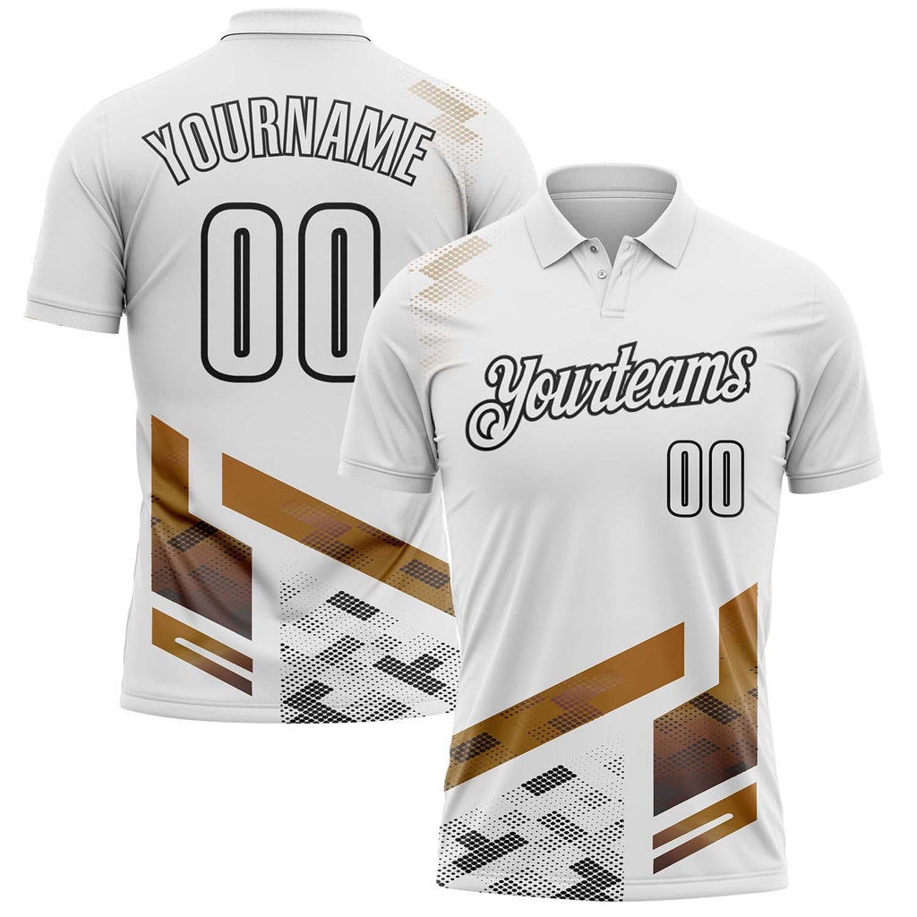 Custom White Old Gold-Black Geometric Grid & Stripe Performance Polo Shirt