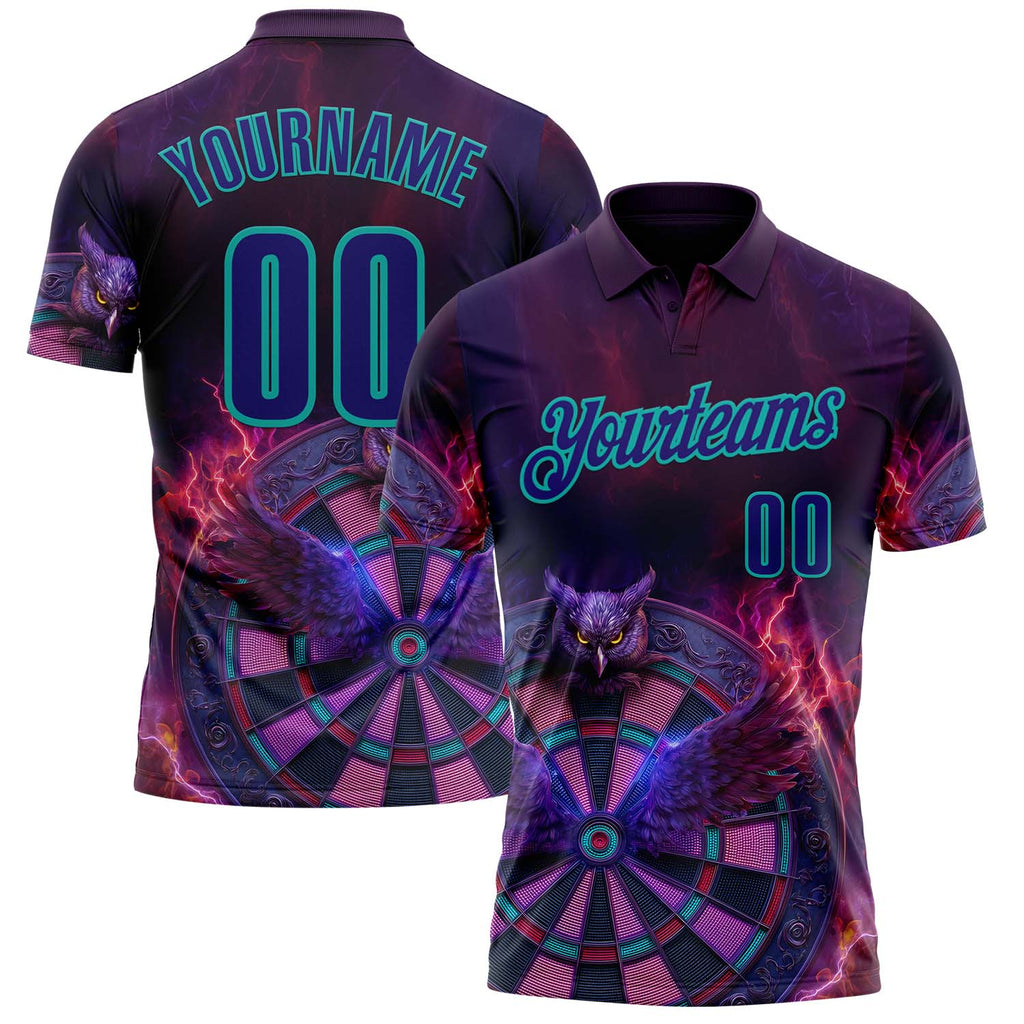Custom Purple Dark Purple-Aqua Darts Owl Fire Dartboard Performance Polo Shirt