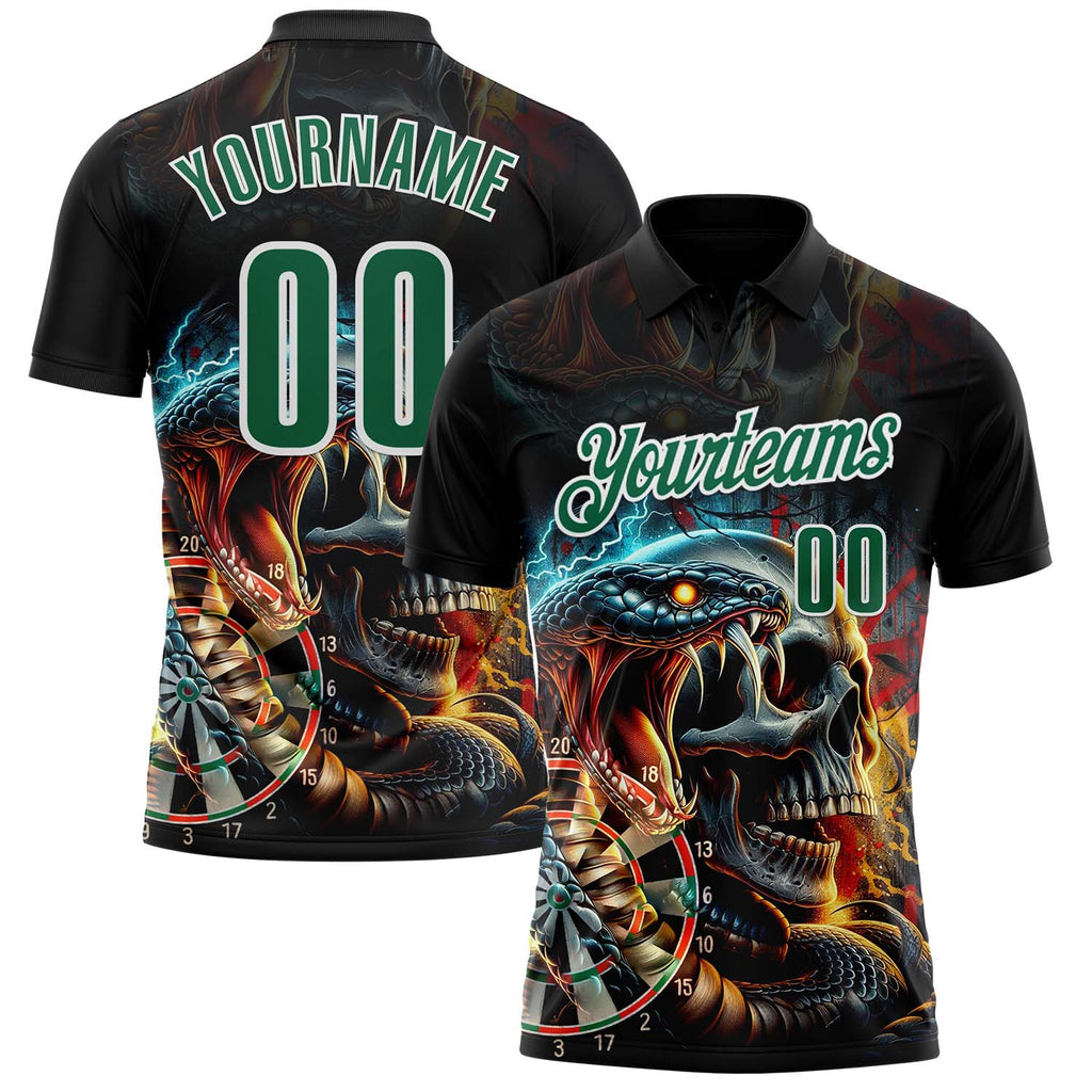 Custom Black Kelly Green-White Darts Viper Skull Lightning Dartboard Performance Polo Shirt