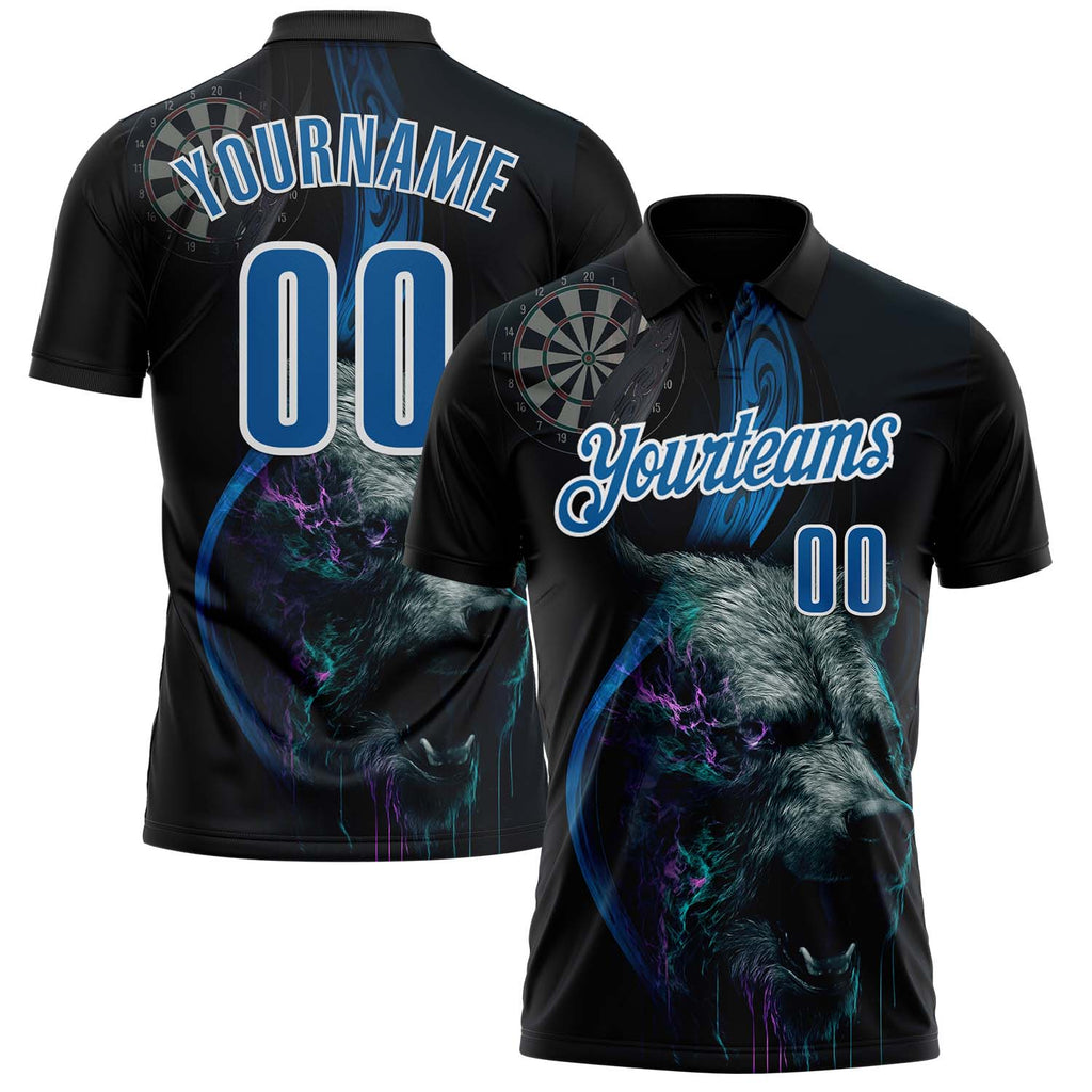 Custom Black Blue-White Darts Bear Dartboard Performance Polo Shirt