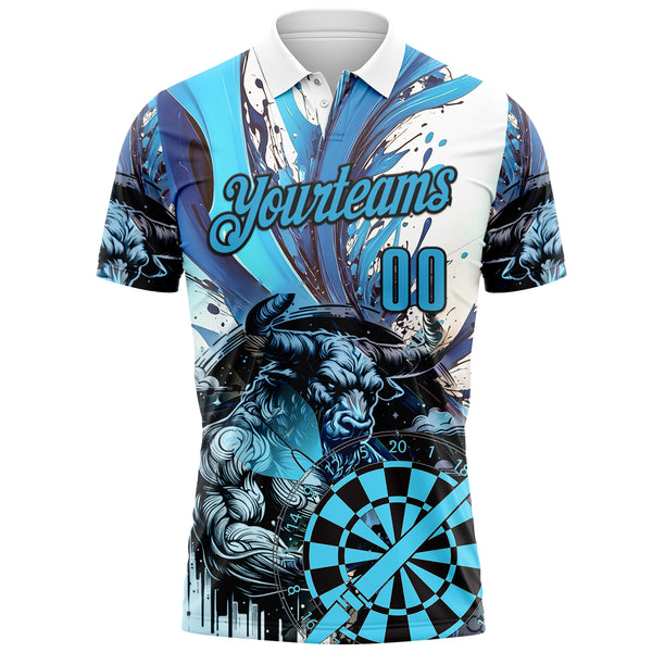 Custom White Sky Blue-Black Darts Bull Dartboard Performance Polo Shirt