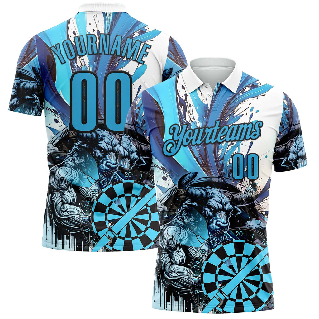 Custom White Sky Blue-Black Darts Bull Dartboard Performance Polo Shirt