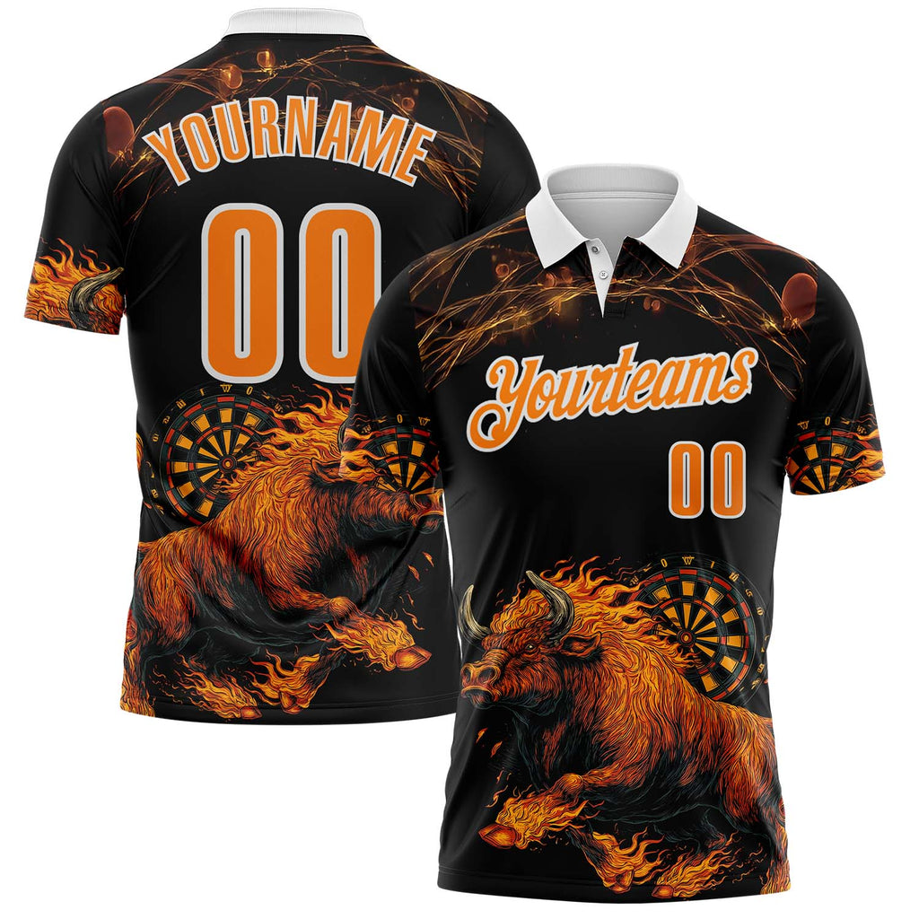 Custom Black Bay Orange-White Darts Bull Dartboard Performance Polo Shirt
