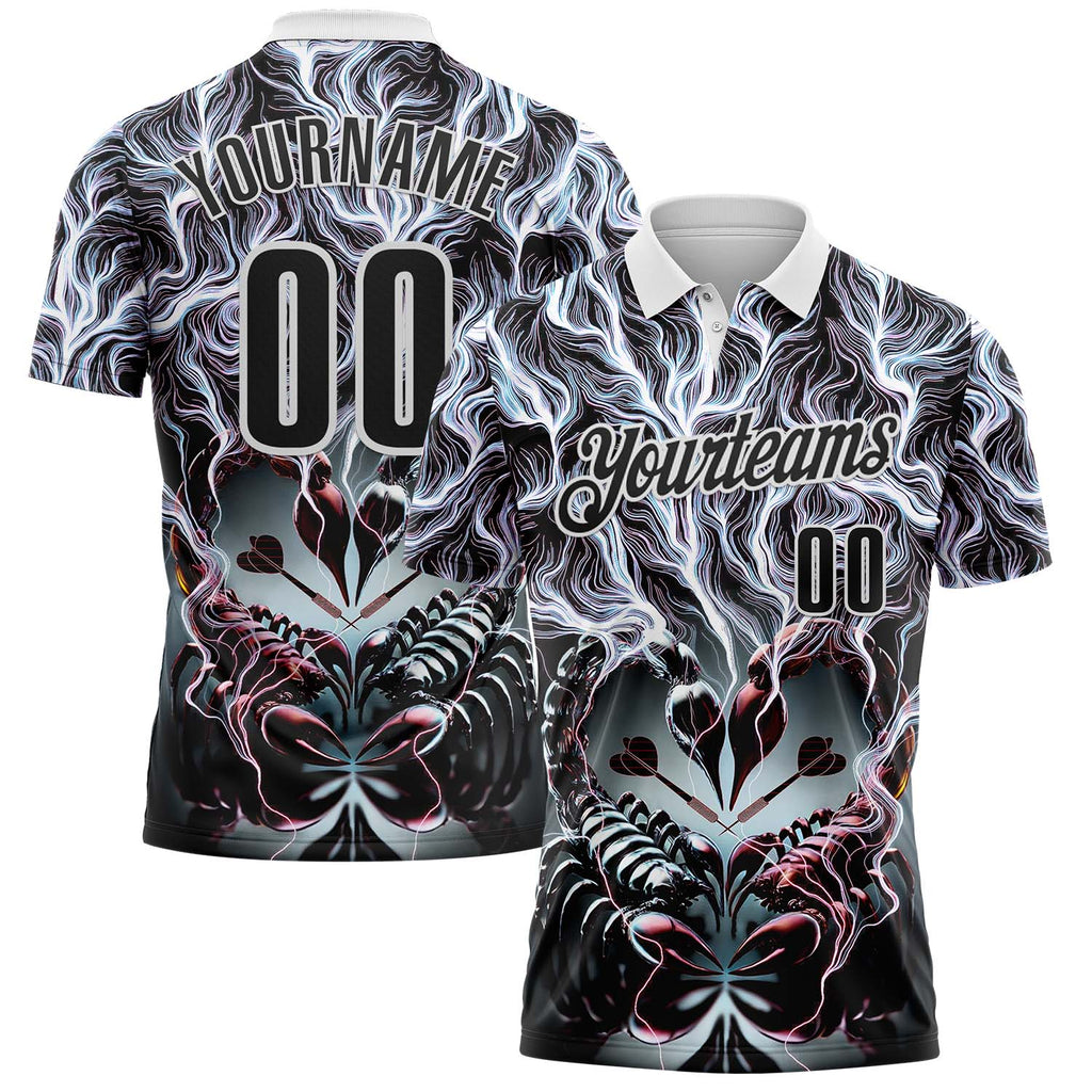 Custom Black-White Darts Scorpion Dartboard Performance Polo Shirt