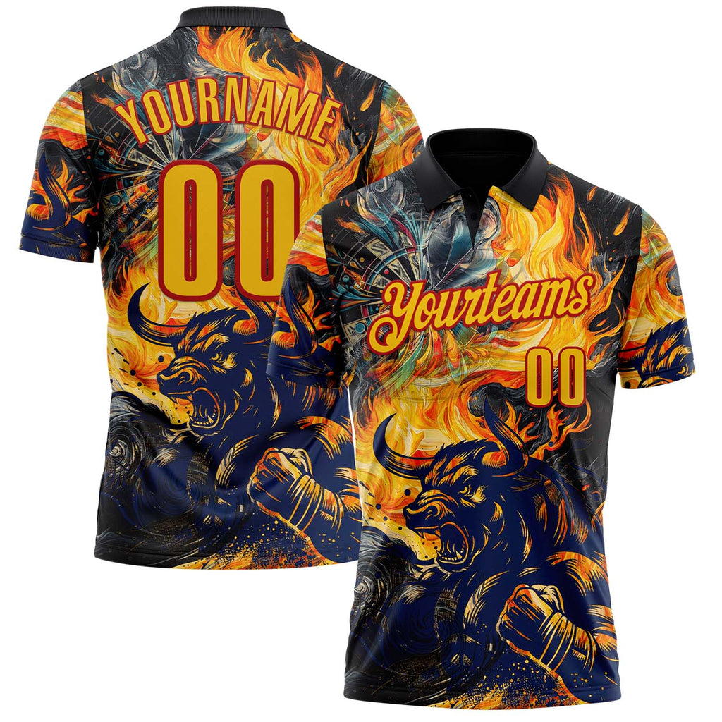 Custom Black Yellow-Red Darts Bull Fire Dartboard Performance Polo Shirt