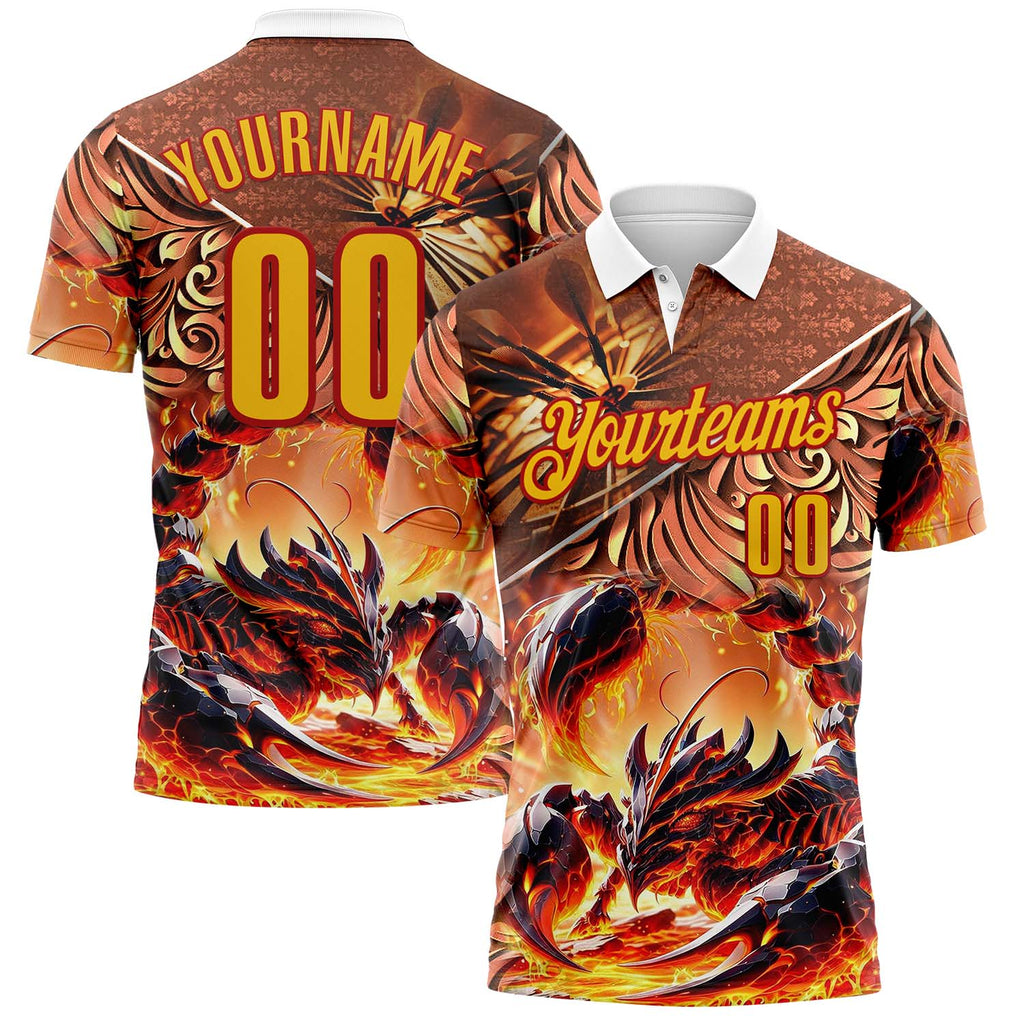 Custom Yellow-Red Darts Fire Scorpion Dartboard Performance Polo Shirt