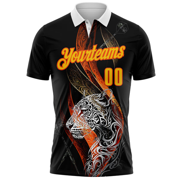 Custom Black Yellow-Orange Darts Tiger Dartboard Performance Polo Shirt