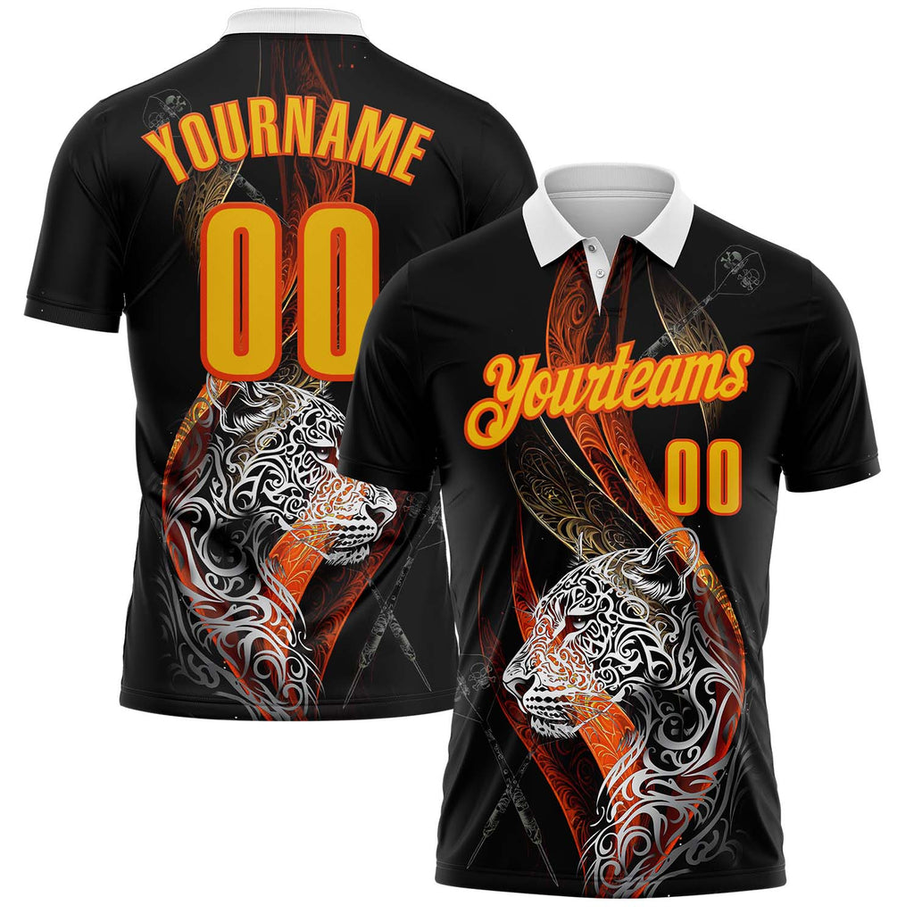 Custom Black Yellow-Orange Darts Tiger Dartboard Performance Polo Shirt