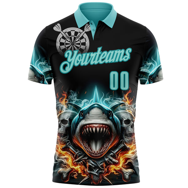 Custom Black Ice Blue-Teal Darts Fire Sharke Dartboard Performance Polo Shirt
