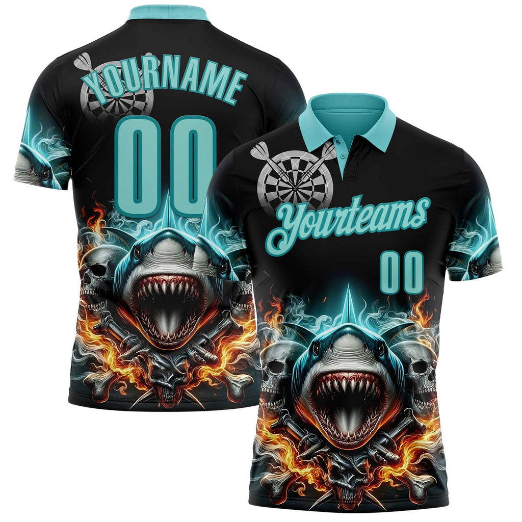 Custom Black Ice Blue-Teal Darts Fire Sharke Dartboard Performance Polo Shirt