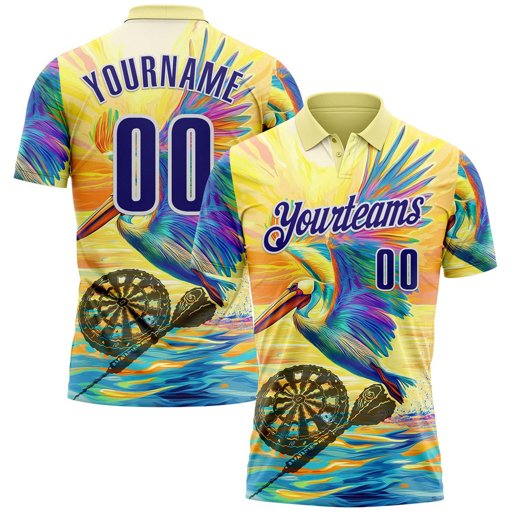 Custom Yellow Dark Purple-White Darts Tropical Pelican Dartboard Performance Polo Shirt