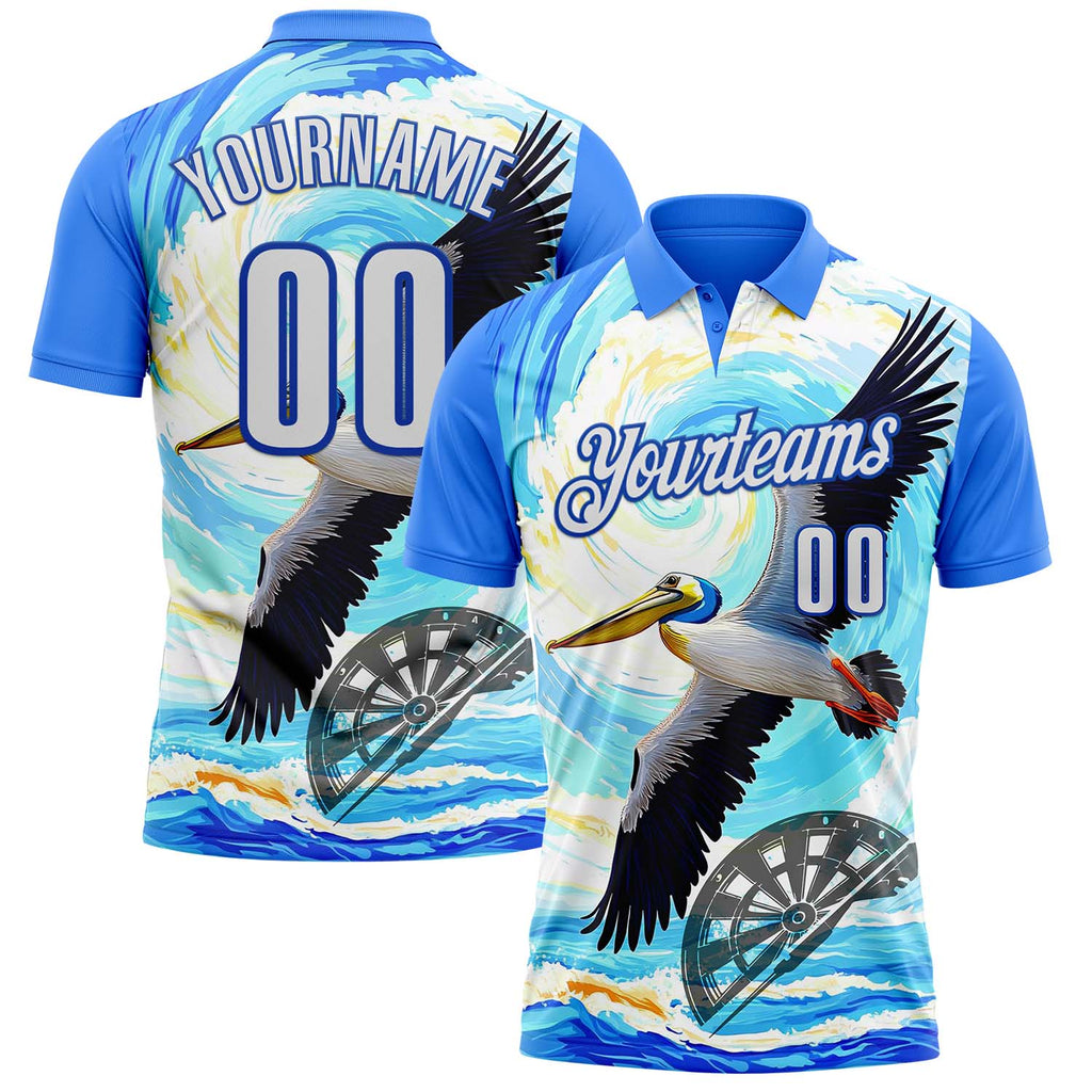 Custom Blue White-Thunder Blue Darts Tropical Pelican Dartboard Performance Polo Shirt